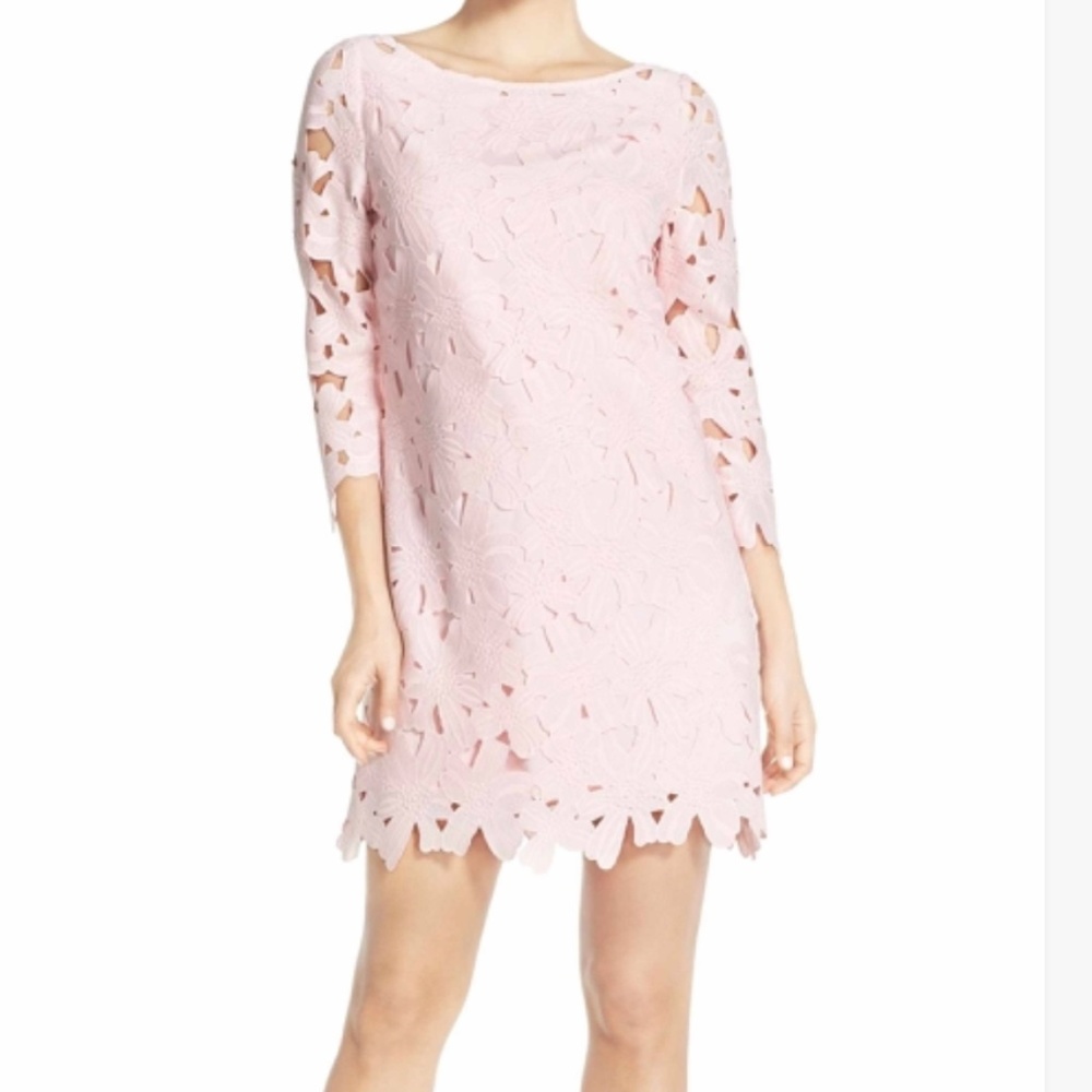 Pink Long Sleeve Lace Look Shift Dress